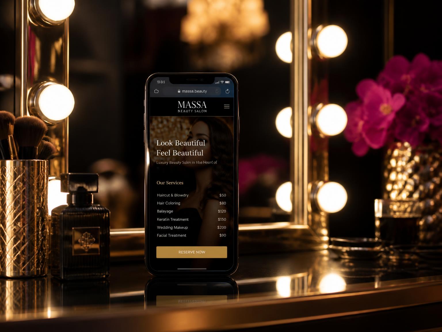 Celular con el sitio público de reservas del salón sobre un tocador iluminado