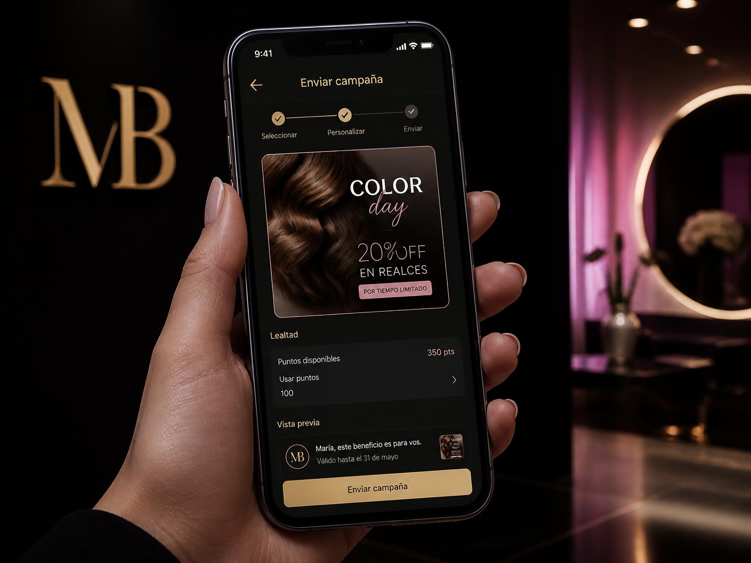 Celular mostrando una campaña de promoción y los puntos de fidelización de una clienta