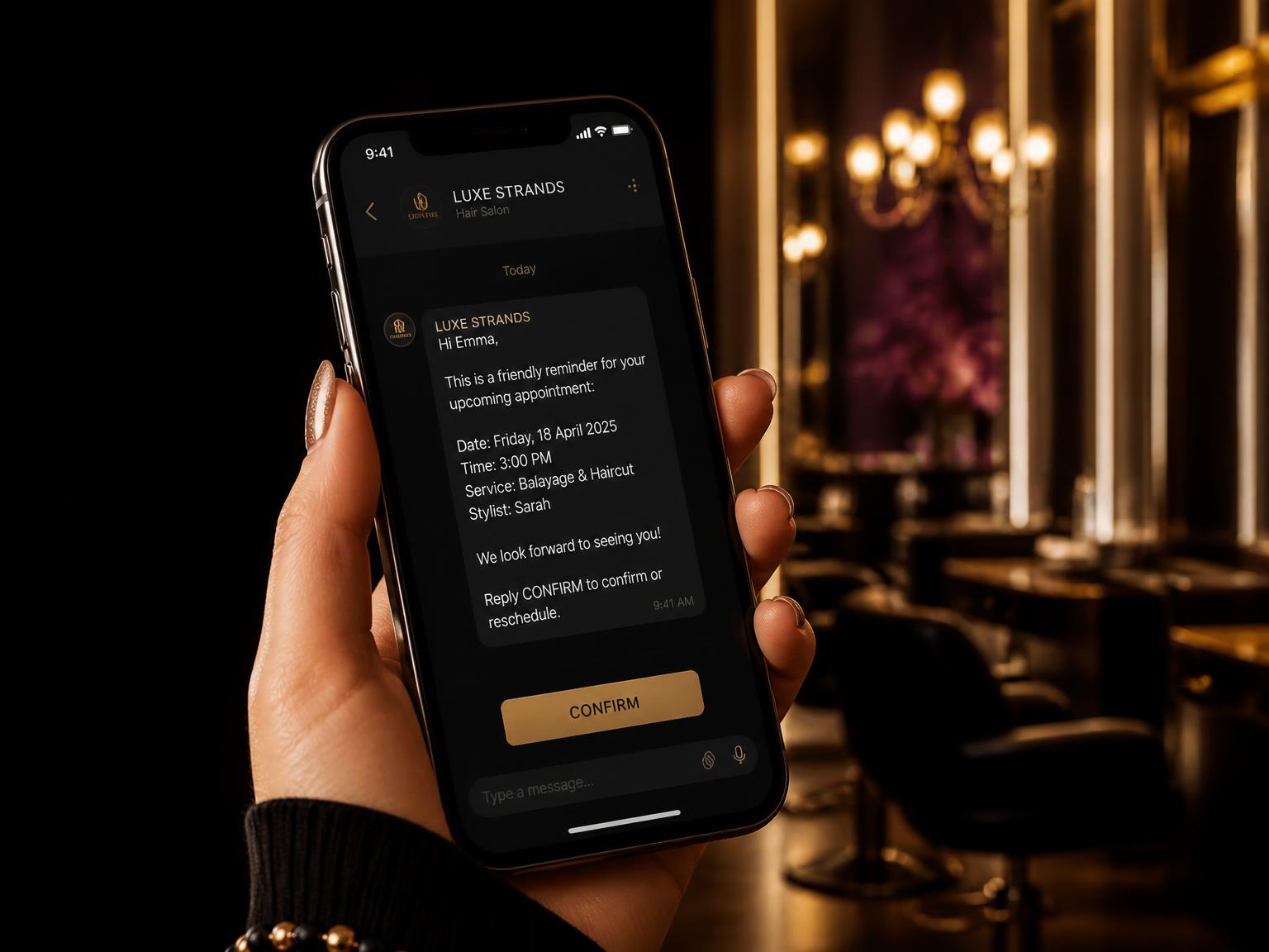 Celular mostrando el recordatorio automático de una cita con botón de confirmación