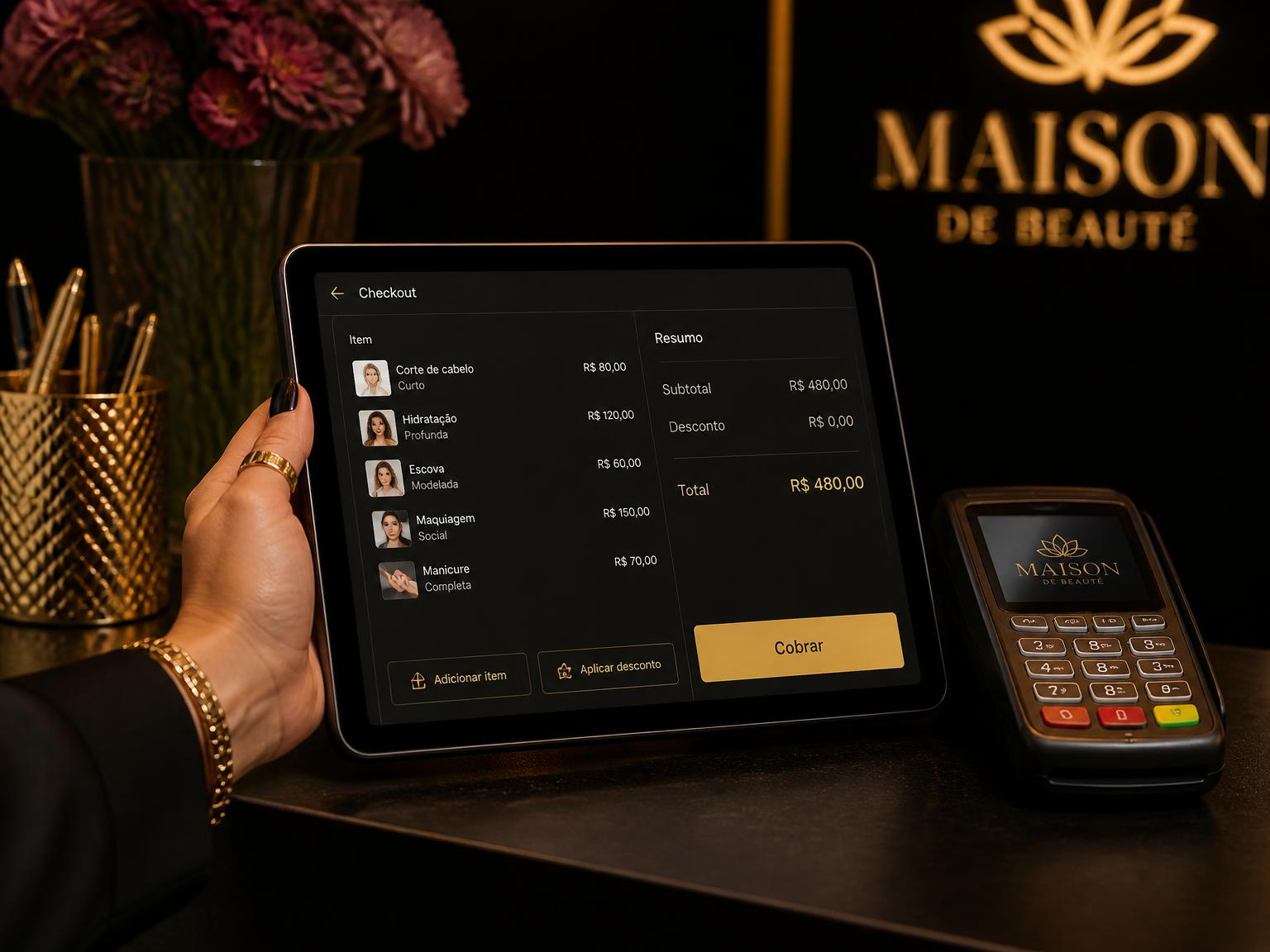 Tablet con la pantalla de cobro y el detalle de la venta en la recepción del salón