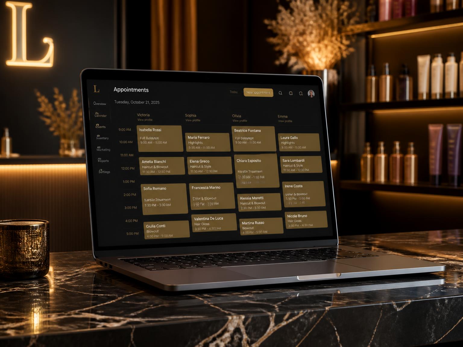 Notebook con la agenda del día por profesional abierta sobre el mostrador del salón