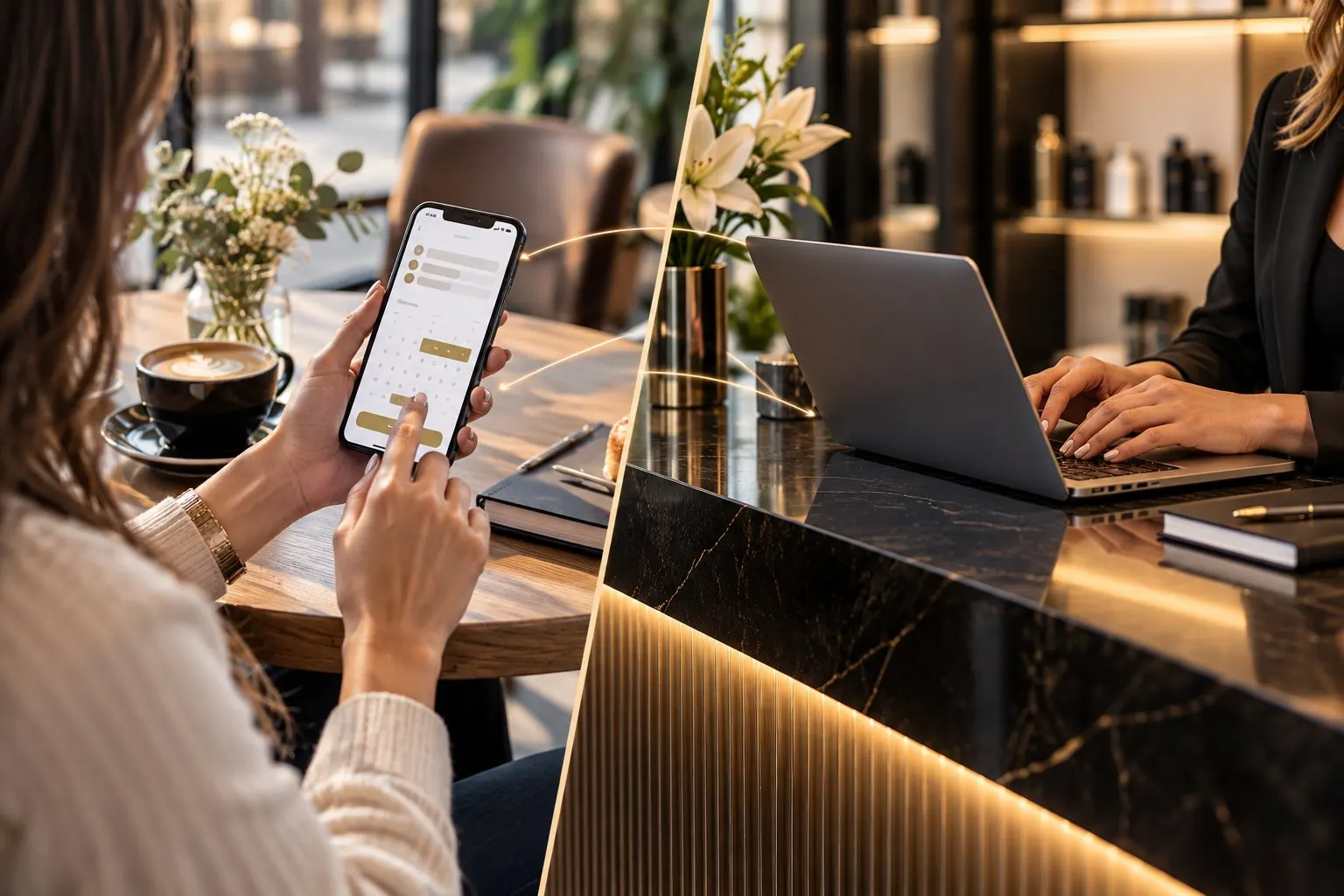 Clienta reservando desde su teléfono y dueña recibiendo la reserva en el computador