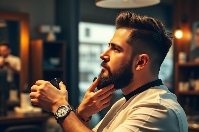 Barbero perfilando la barba de un cliente en una barbería