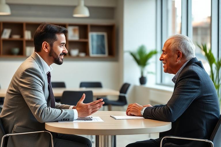 Asesor en una sesión individual con un cliente en una oficina luminosa
