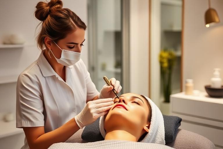 Esteticista realizando un tratamiento facial en una cabina de estética