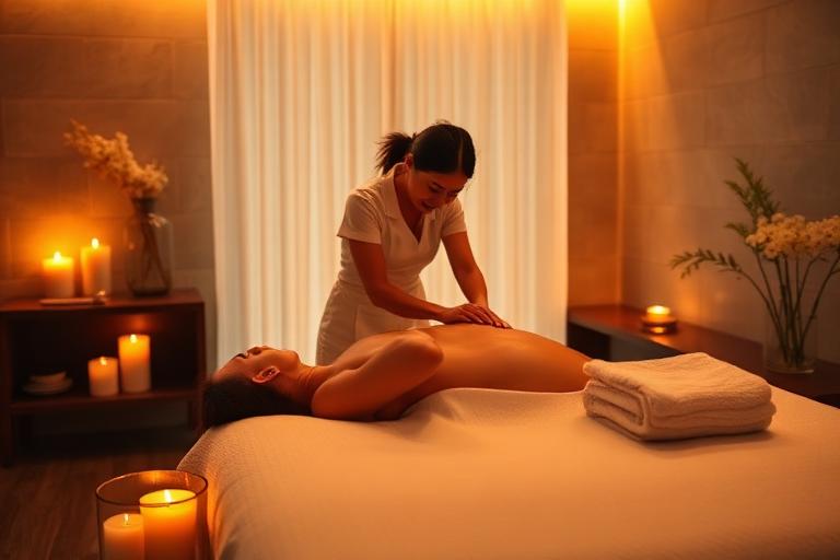 Terapeuta dando un masaje en una cabina de spa con luz cálida