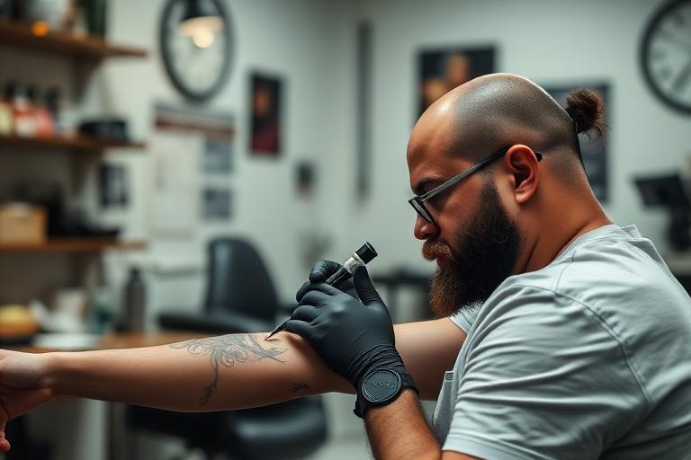 Tatuador trabajando en el antebrazo de un cliente en su estudio