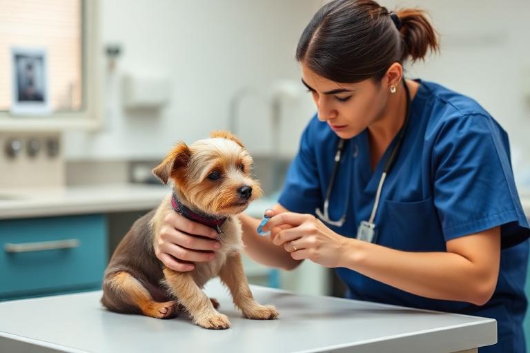 Veterinaria revisando a un perro pequeño sobre la mesa de la consulta